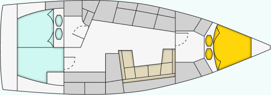 Example yacht layout with one shared bunk cabin highlighted